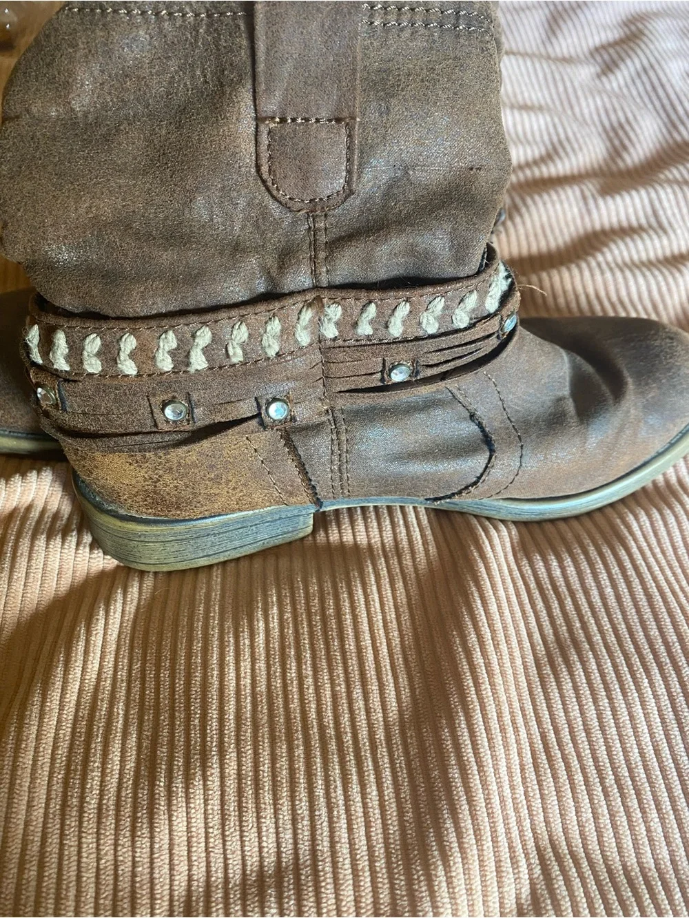 Justice Girls Brown Western Boho Slouchy Booties, Studded Straps Size 13